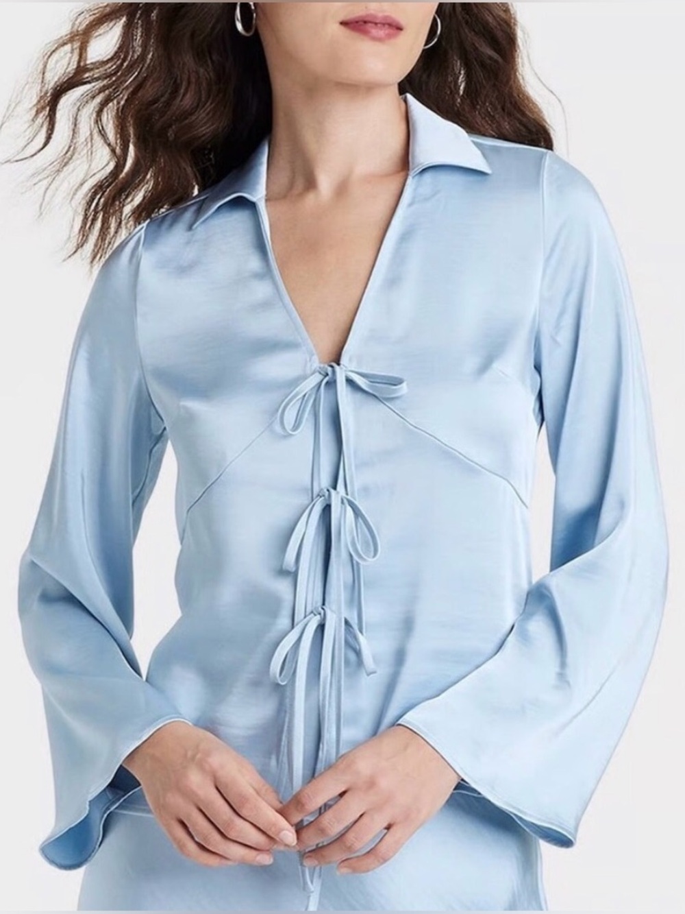 a new day Light Blue Satin Tie-Front Blouse with Bell Sleeves